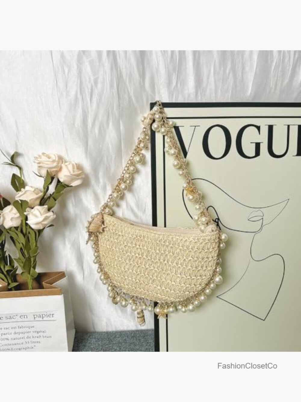 Woven Straw Shoulder Bag with Pearl Chain, Handmade Beach Messenger Bag for - Picture 5 of 7
